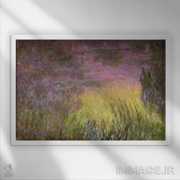 تابلو نیلوفرهای آبی در غروب، ۱۹۱۵-۲۶ اثر کلود مونه (نقاش معروف فرانسوی) - نمای قابدار سفید