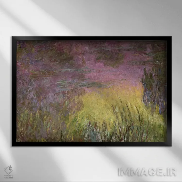 تابلو نیلوفرهای آبی در غروب، ۱۹۱۵-۲۶ اثر کلود مونه (نقاش معروف فرانسوی) - نمای قابدار مشکی