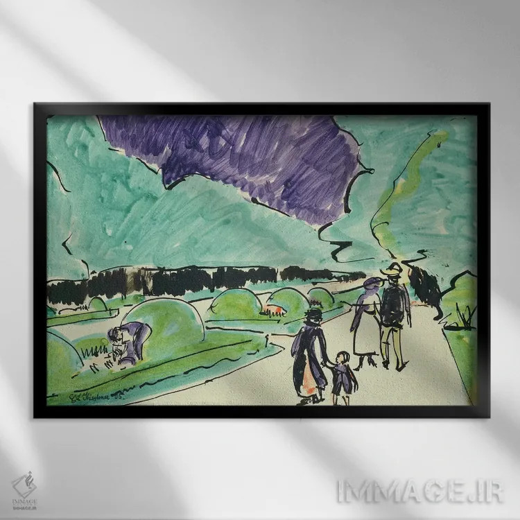 تابلو ورودی باغ بزرگی در درسدن، ۱۹۰۵ اثر ارنست لودویگ کیرشنر (نقاش اکسپرسیونیست آلمانی) - نمای قابدار مشکی