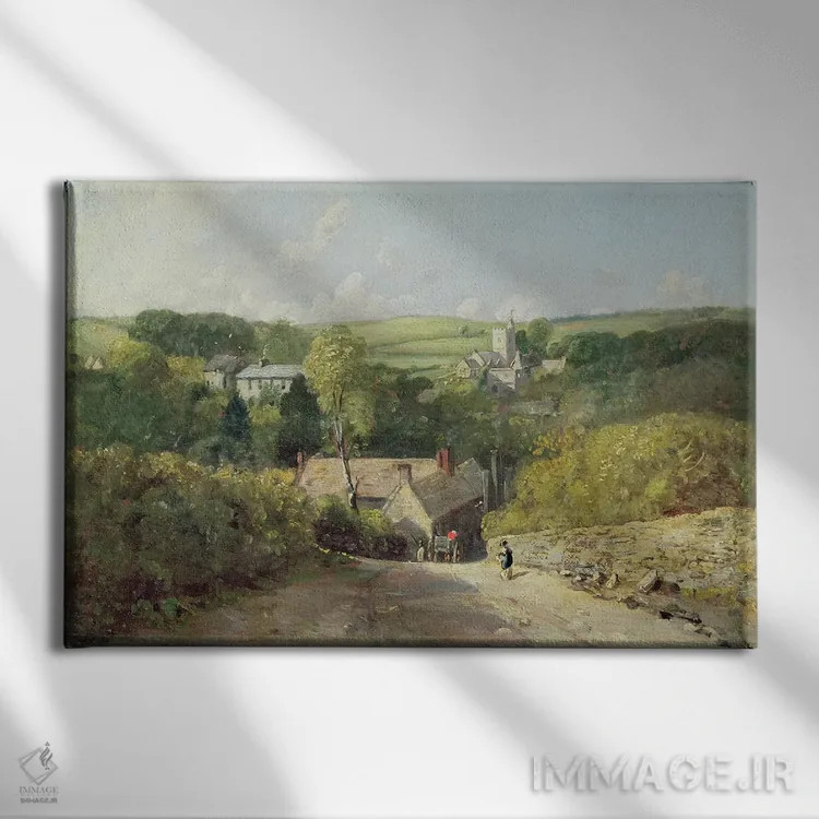 تابلو نمایی از روستای اوسینگتون با کلیسا و خانه کشیش، ۱۸۱۶ اثر جان کانستبل (نقاش انگلیسی) - نمای روبهرو روی دیوار