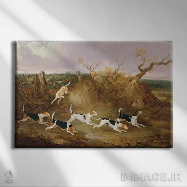 تابلو بیگلها هنگام فریاد شکار، ۱۸۴۵ (نژاد سگ) اثر جان دالبی - نمای روبهرو روی دیوار