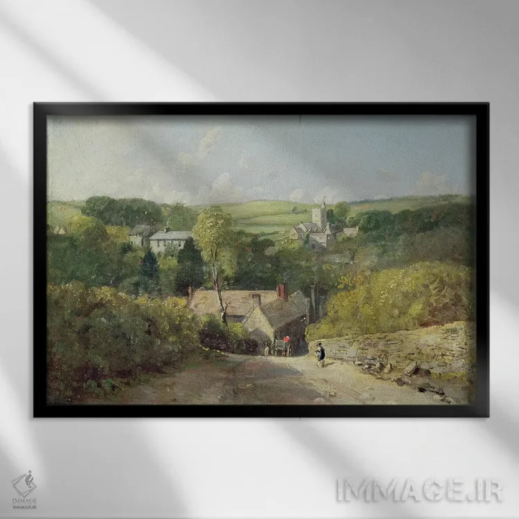تابلو نمایی از روستای اوسینگتون با کلیسا و خانه کشیش، ۱۸۱۶ اثر جان کانستبل (نقاش انگلیسی) - نمای قابدار مشکی
