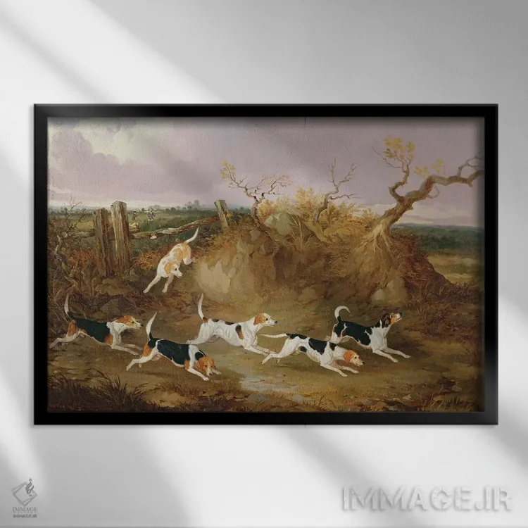 تابلو بیگلها هنگام فریاد شکار، ۱۸۴۵ (نژاد سگ) اثر جان دالبی - نمای قابدار مشکی