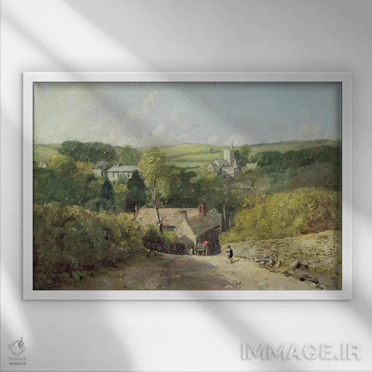 تابلو نمایی از روستای اوسینگتون با کلیسا و خانه کشیش، ۱۸۱۶ اثر جان کانستبل (نقاش انگلیسی) - نمای قابدار سفید