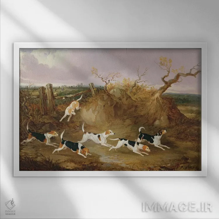 تابلو بیگلها هنگام فریاد شکار، ۱۸۴۵ (نژاد سگ) اثر جان دالبی - نمای قابدار سفید