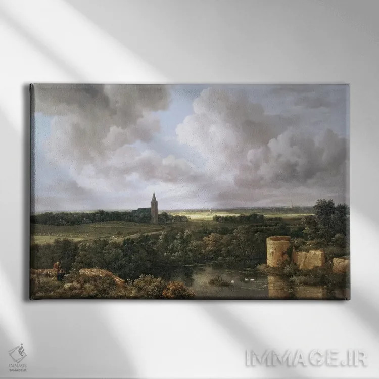 تابلو منظره با قلعه و کلیسای ویران، حدود ۱۶۶۵-۷۰ اثر جیکوب ایساکس فان رایسدال - نمای روبهرو روی دیوار