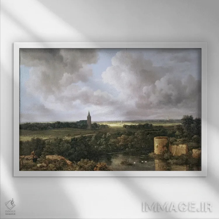 تابلو منظره با قلعه و کلیسای ویران، حدود ۱۶۶۵-۷۰ اثر جیکوب ایساکس فان رایسدال - نمای قابدار سفید