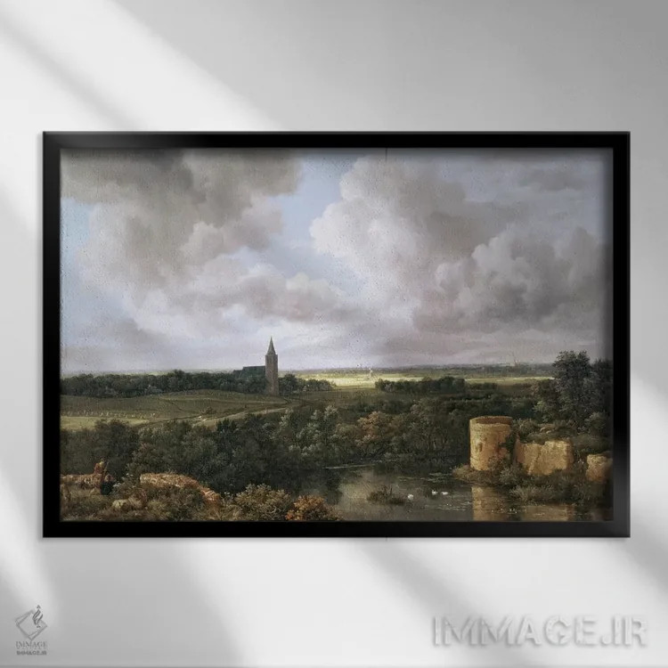 تابلو منظره با قلعه و کلیسای ویران، حدود ۱۶۶۵-۷۰ اثر جیکوب ایساکس فان رایسدال - نمای قابدار مشکی