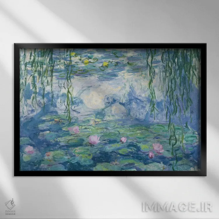تابلو نیلوفرهای آبی، ۱۹۱۶-۱۹ اثر کلود مونه (نقاش معروف فرانسوی) - نمای قابدار مشکی