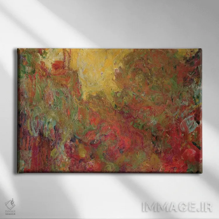 تابلو خانه دیدهشده از باغ رز، ۱۹۲۲-۲۴ اثر کلود مونه (نقاش معروف فرانسوی) - نمای روبهرو روی دیوار