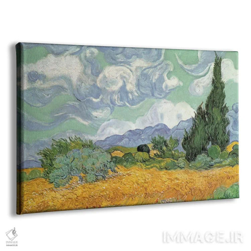 تابلو مزرعه گندم با سروها، سپتامبر ۱۸۸۹ (گالری ملی لندن) اثر ونسان ون گوگ (نقاش مشهور هلندی پستامپرسیونیسم) - نمای پرسپکتیو محصول