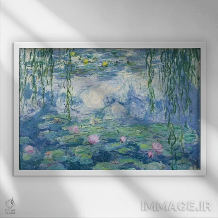 تابلو نیلوفرهای آبی، ۱۹۱۶-۱۹ اثر کلود مونه (نقاش معروف فرانسوی) - نمای قابدار سفید