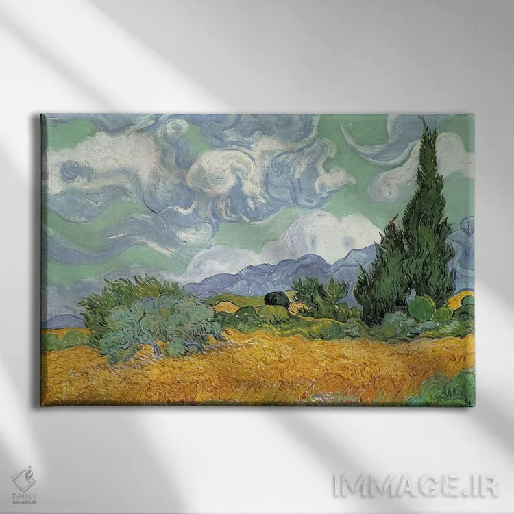 تابلو مزرعه گندم با سروها، سپتامبر ۱۸۸۹ (گالری ملی لندن) اثر ونسان ون گوگ (نقاش مشهور هلندی پستامپرسیونیسم) - نمای روبهرو روی دیوار