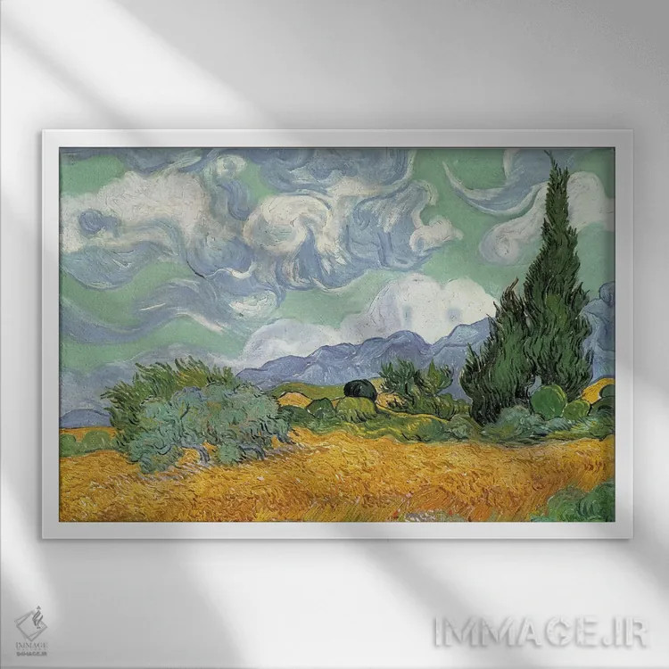 تابلو مزرعه گندم با سروها، سپتامبر ۱۸۸۹ (گالری ملی لندن) اثر ونسان ون گوگ (نقاش مشهور هلندی پستامپرسیونیسم) - نمای قابدار سفید