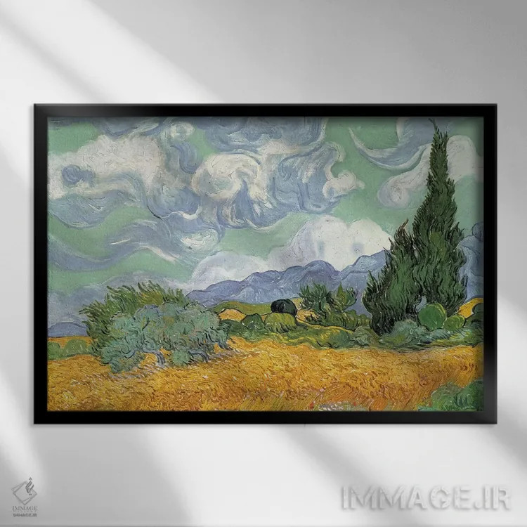 تابلو مزرعه گندم با سروها، سپتامبر ۱۸۸۹ (گالری ملی لندن) اثر ونسان ون گوگ (نقاش مشهور هلندی پستامپرسیونیسم) - نمای قابدار مشکی