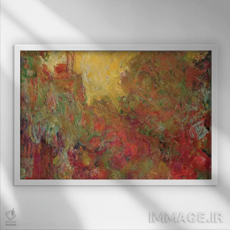 تابلو خانه دیدهشده از باغ رز، ۱۹۲۲-۲۴ اثر کلود مونه (نقاش معروف فرانسوی) - نمای قابدار سفید