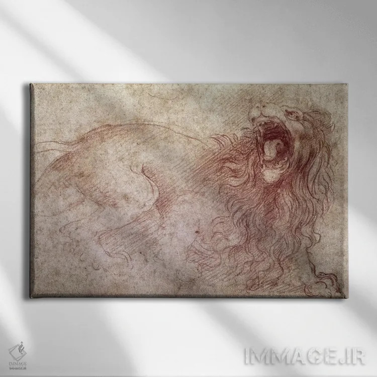 تابلو طرحی از یک شیر غران اثر لئوناردو داوینچی (نقاش و مخترع ایتالیایی) - نمای روبهرو روی دیوار