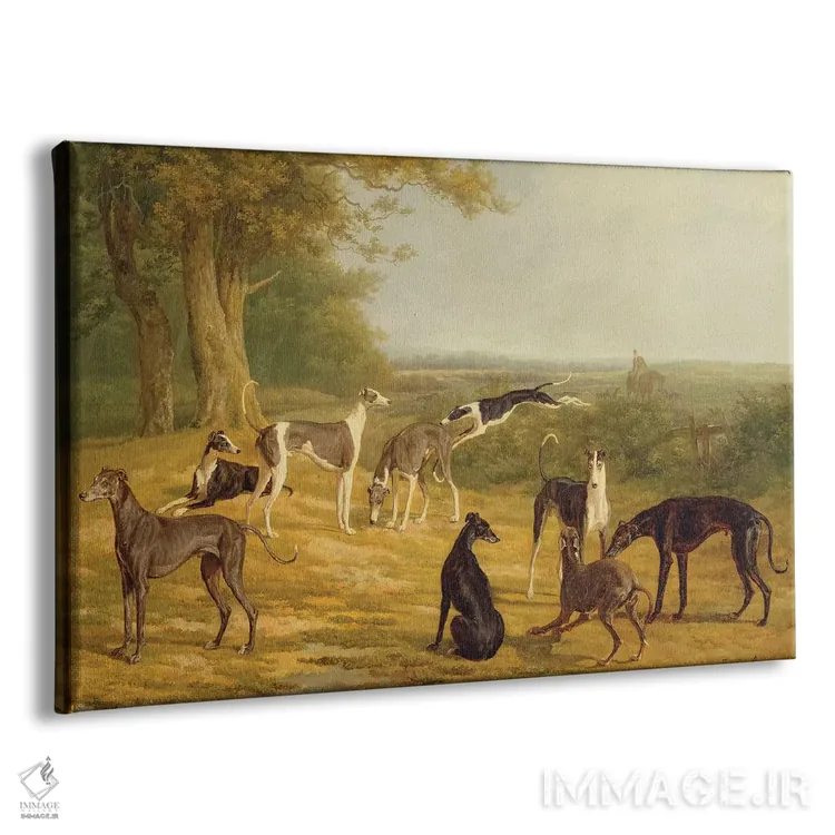 تابلو نه تازی در منظره (نوع سگ) اثر ژاک لوران آگاس - نمای پرسپکتیو محصول