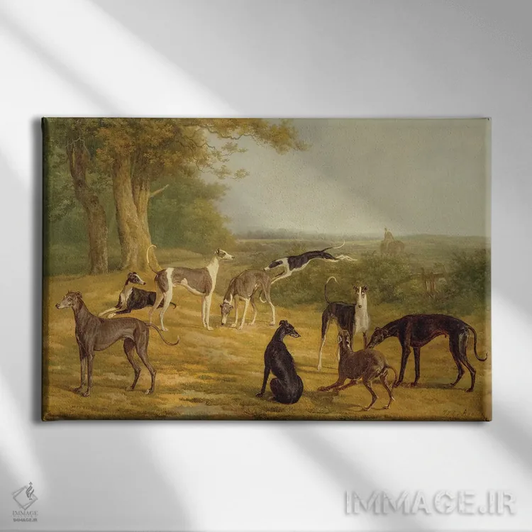 تابلو نه تازی در منظره (نوع سگ) اثر ژاک لوران آگاس - نمای روبهرو روی دیوار