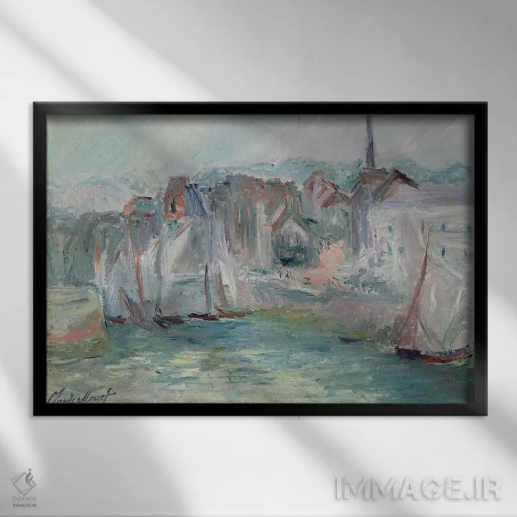 تابلو قایقها در بندر اونفلر، ۱۹۱۷ اثر کلود مونه (نقاش معروف فرانسوی) - نمای قابدار مشکی