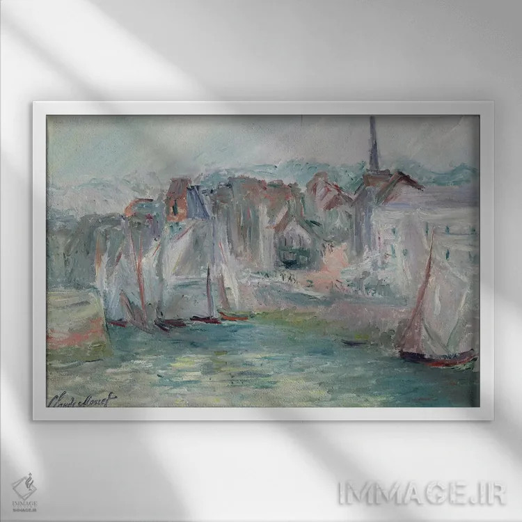 تابلو قایقها در بندر اونفلر، ۱۹۱۷ اثر کلود مونه (نقاش معروف فرانسوی) - نمای قابدار سفید
