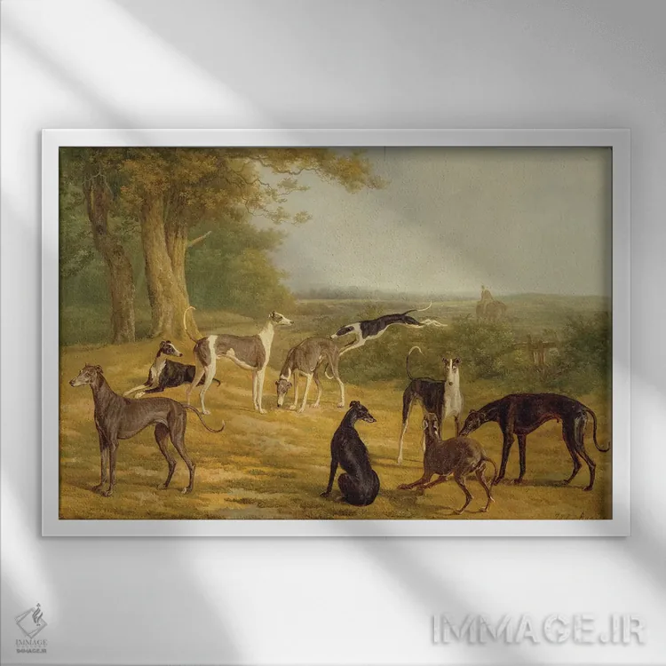 تابلو نه تازی در منظره (نوع سگ) اثر ژاک لوران آگاس - نمای قابدار سفید