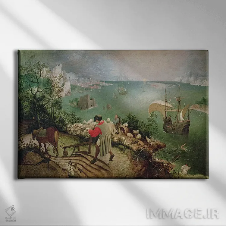 تابلو منظره با سقوط ایکاروس، حدود ۱۵۵۵ اثر پییتر بروگل پدر (نقاش هلندی) - نمای روبهرو روی دیوار