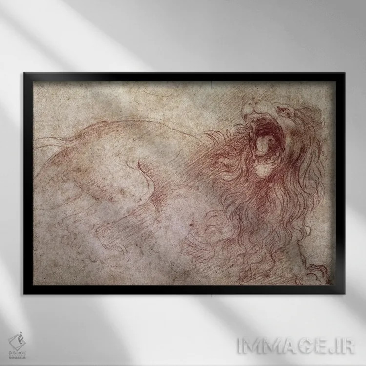 تابلو طرحی از یک شیر غران اثر لئوناردو داوینچی (نقاش و مخترع ایتالیایی) - نمای قابدار مشکی