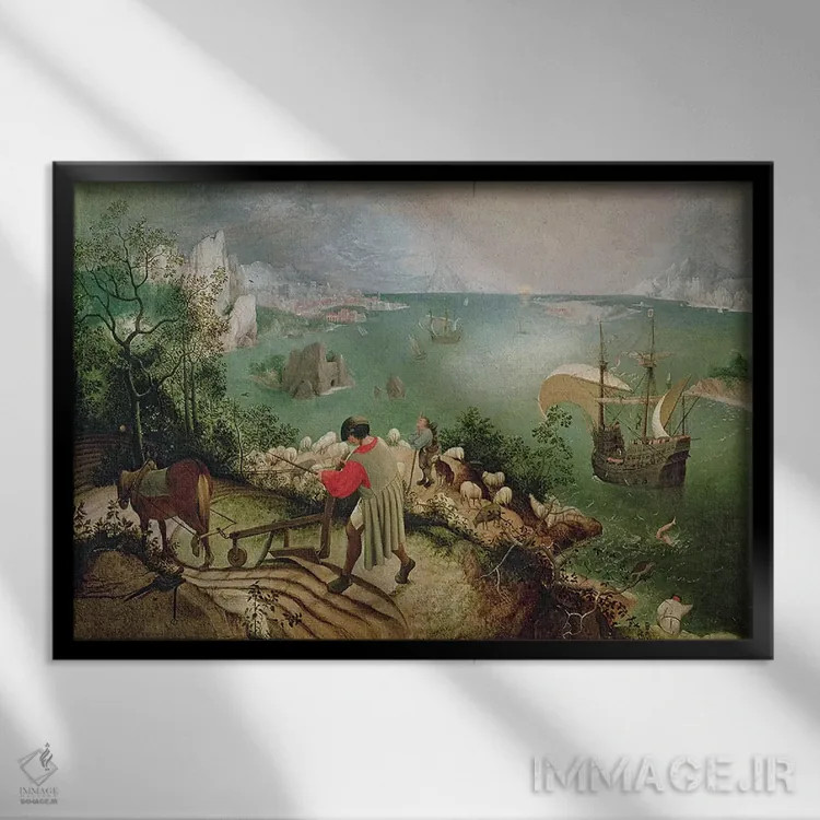 تابلو منظره با سقوط ایکاروس، حدود ۱۵۵۵ اثر پییتر بروگل پدر (نقاش هلندی) - نمای قابدار مشکی