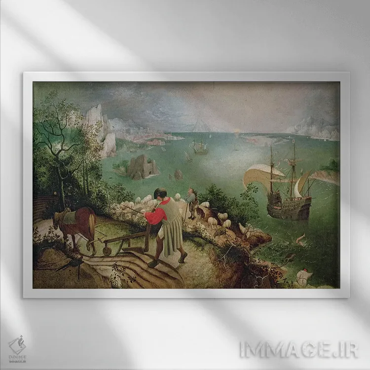 تابلو منظره با سقوط ایکاروس، حدود ۱۵۵۵ اثر پییتر بروگل پدر (نقاش هلندی) - نمای قابدار سفید