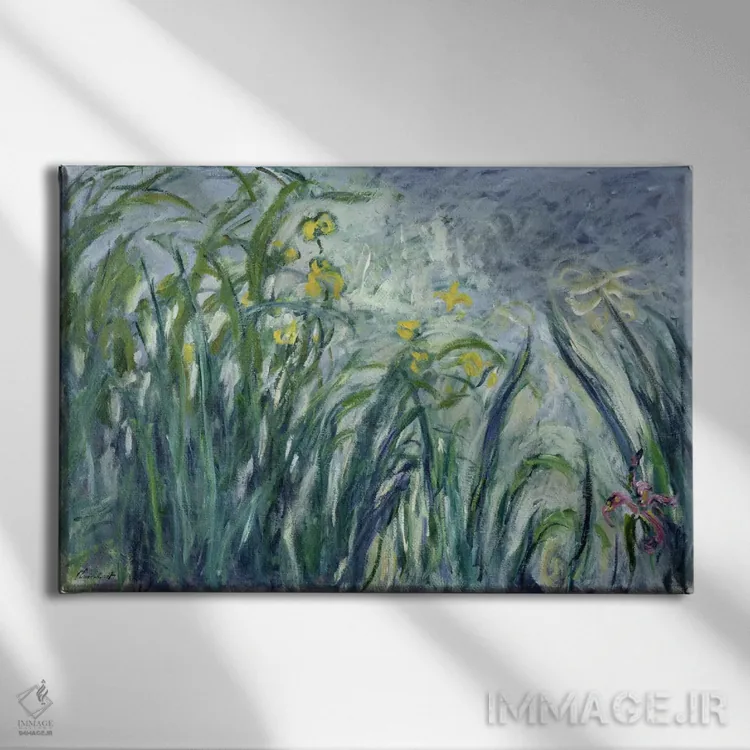 تابلو زنبقهای زرد و بنفش، ۱۹۲۴-۲۵ اثر کلود مونه (نقاش معروف فرانسوی) - نمای روبهرو روی دیوار