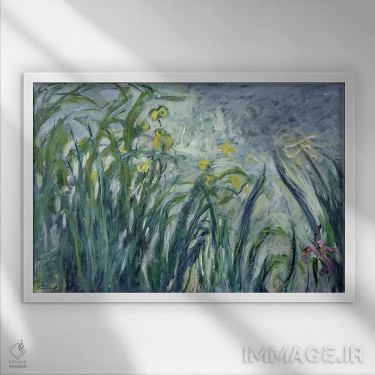 تابلو زنبقهای زرد و بنفش، ۱۹۲۴-۲۵ اثر کلود مونه (نقاش معروف فرانسوی) - نمای قابدار سفید