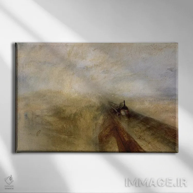 تابلو باران، بخار و سرعت، راهآهن بزرگ غربی، کشیدهشده پیش از ۱۸۴۴ اثر جی.ام.دبلیو. ترنر (نقاش بزرگ انگلیسی) - نمای روبهرو روی دیوار