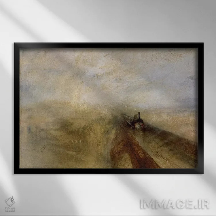 تابلو باران، بخار و سرعت، راهآهن بزرگ غربی، کشیدهشده پیش از ۱۸۴۴ اثر جی.ام.دبلیو. ترنر (نقاش بزرگ انگلیسی) - نمای قابدار مشکی