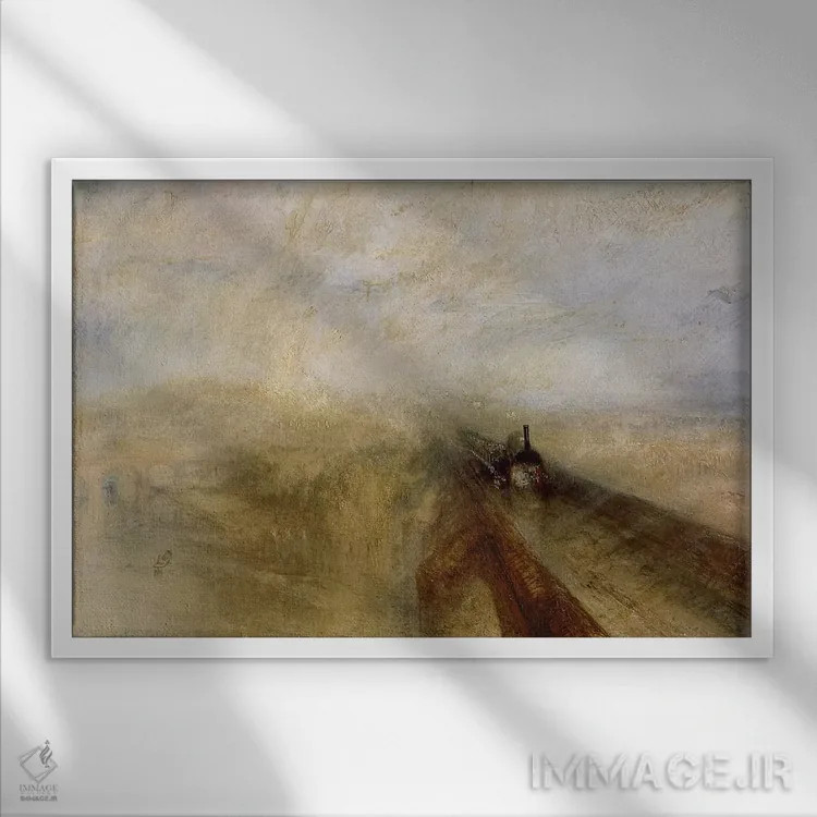 تابلو باران، بخار و سرعت، راهآهن بزرگ غربی، کشیدهشده پیش از ۱۸۴۴ اثر جی.ام.دبلیو. ترنر (نقاش بزرگ انگلیسی) - نمای قابدار سفید