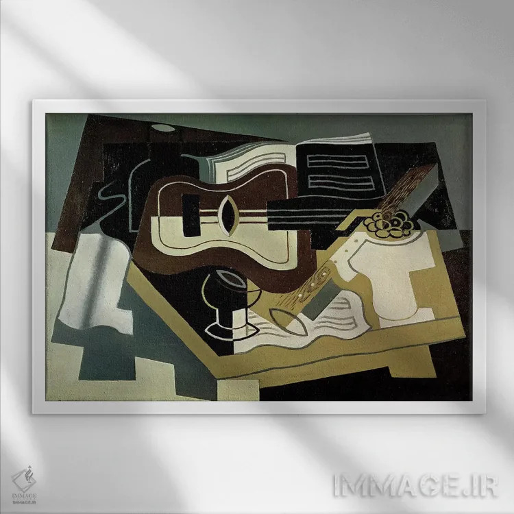 تابلو گیتار و کلارینت، ۱۹۲۰ اثر خوان گрис (نقاش کوبیست اسپانیایی) - نمای قابدار سفید