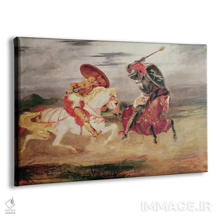 تابلو دو شوالیه در حال نبرد در منظره، حدود ۱۸۲۴ اثر فرباوراند ویکتور اوژن دلاکروا (نقاش فرانسوی) - نمای پرسپکتیو محصول