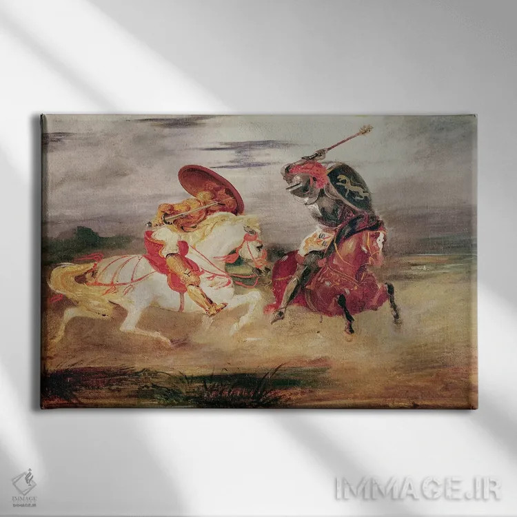 تابلو دو شوالیه در حال نبرد در منظره، حدود ۱۸۲۴ اثر فرباوراند ویکتور اوژن دلاکروا (نقاش فرانسوی) - نمای روبهرو روی دیوار