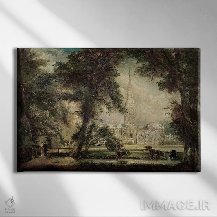 تابلو کلیسای جامع سالزبری از زمینهای اسقف، حدود ۱۸۲۲-۲۳ اثر جان کانستبل (نقاش انگلیسی) - نمای روبهرو روی دیوار
