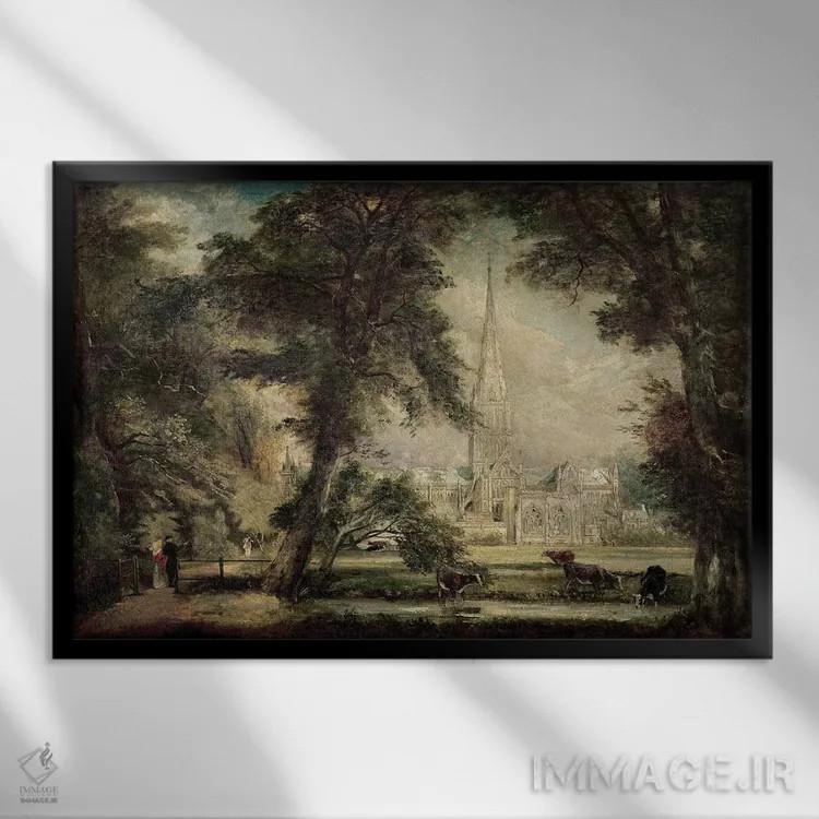 تابلو کلیسای جامع سالزبری از زمینهای اسقف، حدود ۱۸۲۲-۲۳ اثر جان کانستبل (نقاش انگلیسی) - نمای قابدار مشکی