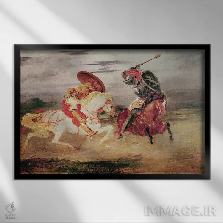 تابلو دو شوالیه در حال نبرد در منظره، حدود ۱۸۲۴ اثر فرباوراند ویکتور اوژن دلاکروا (نقاش فرانسوی) - نمای قابدار مشکی