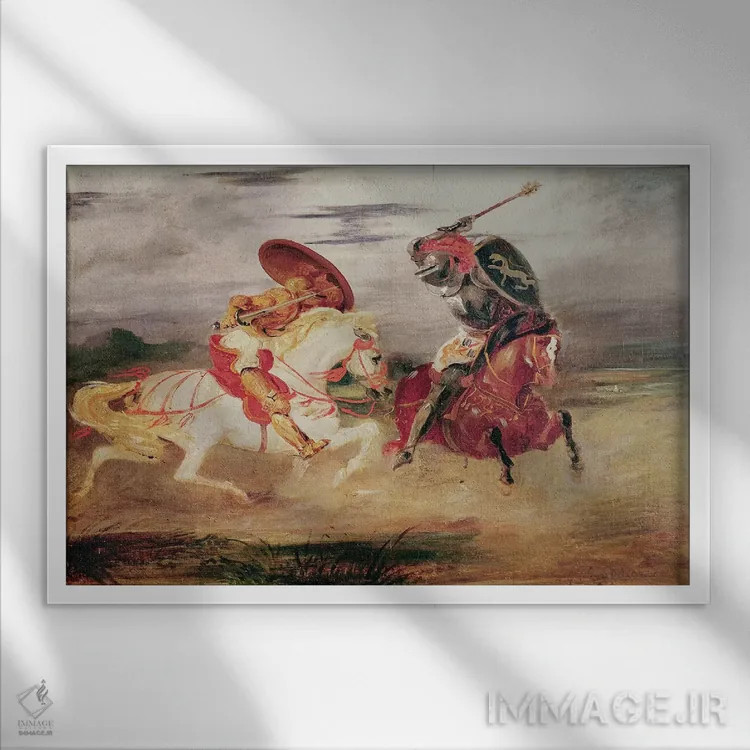 تابلو دو شوالیه در حال نبرد در منظره، حدود ۱۸۲۴ اثر فرباوراند ویکتور اوژن دلاکروا (نقاش فرانسوی) - نمای قابدار سفید