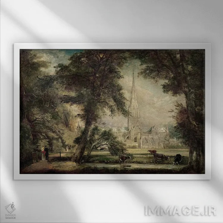 تابلو کلیسای جامع سالزبری از زمینهای اسقف، حدود ۱۸۲۲-۲۳ اثر جان کانستبل (نقاش انگلیسی) - نمای قابدار سفید