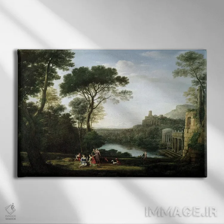 تابلو منظره با حوری اِجریا (شخصیت اسطورهای) اثر کلاد لورن - نمای روبهرو روی دیوار