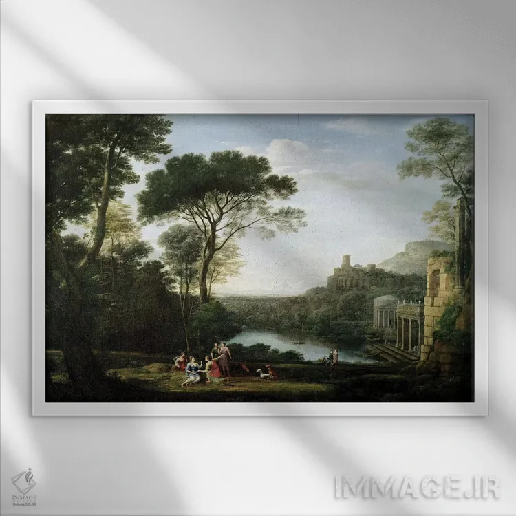 تابلو منظره با حوری اِجریا (شخصیت اسطورهای) اثر کلاد لورن - نمای قابدار سفید