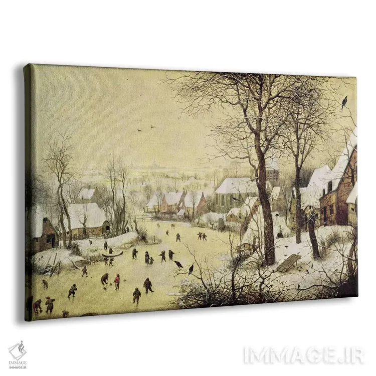 تابلو منظرهٔ زمستانی با اسکیتبازان و تلهٔ پرنده، ۱۵۶۵ اثر پییتر بروگل پدر (نقاش هلندی) - نمای پرسپکتیو محصول
