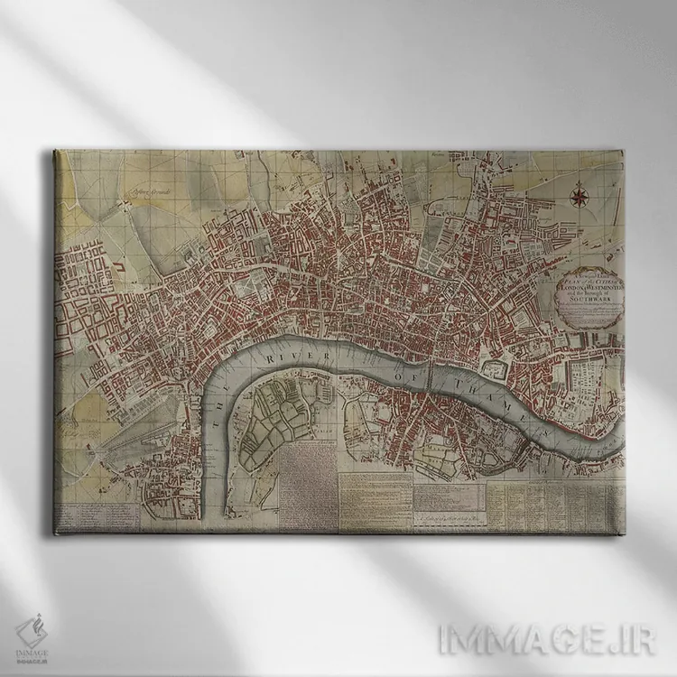تابلو طرح جدید و دقیق از شهرهای لندن و وستمینستر و ناحیهٔ ساوتورک، ۱۷۲۵ اثر مکتب انگلیسی (سبک یا جنبش هنری) - نمای روبهرو روی دیوار