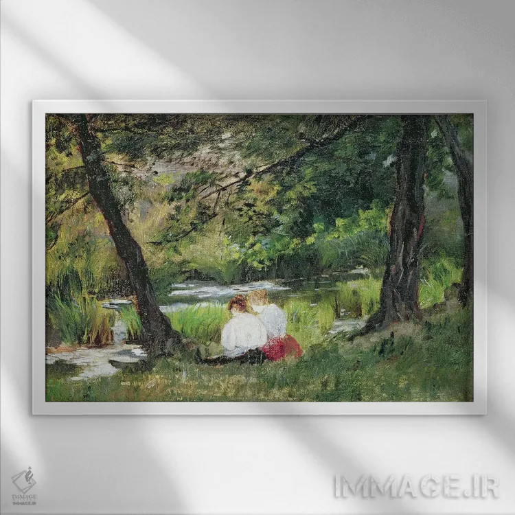 تابلو دو زن نشسته اثر مری استیونسون کاسات (نقاش آمریکایی) - نمای قابدار سفید