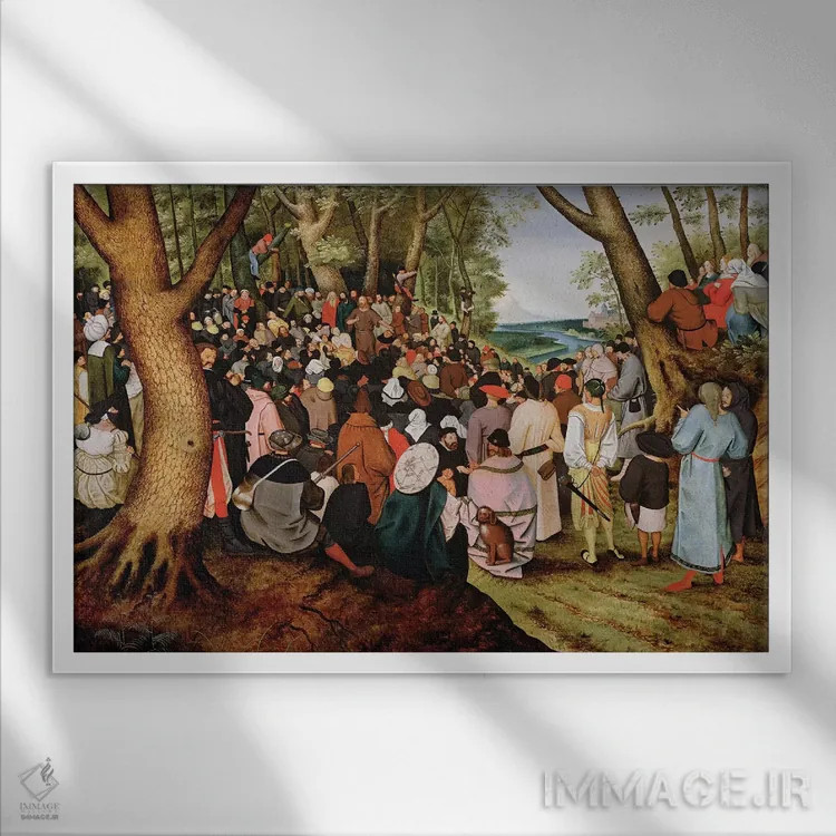 تابلو منظره با خطابهٔ یحیی تعمیددهنده (انجیل) اثر پییتر بروگل پسر (نقاش هلندی) - نمای قابدار سفید