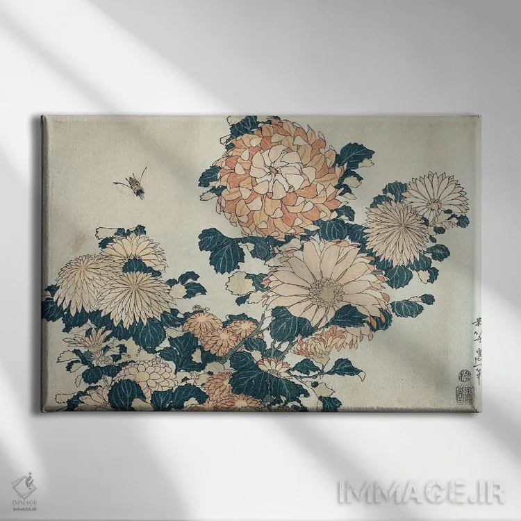 تابلو داوودیها (گل) اثر کاتسوشیکا هوکوسای (نقاش و هنرمند ژاپنی) - نمای روبهرو روی دیوار
